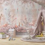 Tapet Personalizat Jungla Amazoniana cu padure in nuante de roz cu flamingo si animale exotice - WARM PINK FOREST