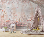 Tapet Personalizat Jungla Amazoniana cu padure in nuante de roz cu flamingo si animale exotice - WARM PINK FOREST