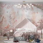 Tapet Personalizat Jungla Amazoniana cu padure in nuante de roz cu flamingo si animale exotice - WARM PINK FOREST