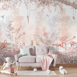Tapet Personalizat Jungla Amazoniana cu padure in nuante de roz cu flamingo si animale exotice - WARM PINK FOREST