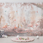 Tapet Personalizat Jungla Amazoniana cu padure in nuante de roz cu flamingo si animale exotice - WARM PINK FOREST