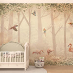 Tapet Personalizat Jungla Amazoniana cu padure, papagali si flamingo - BIRD'S FOREST NEST