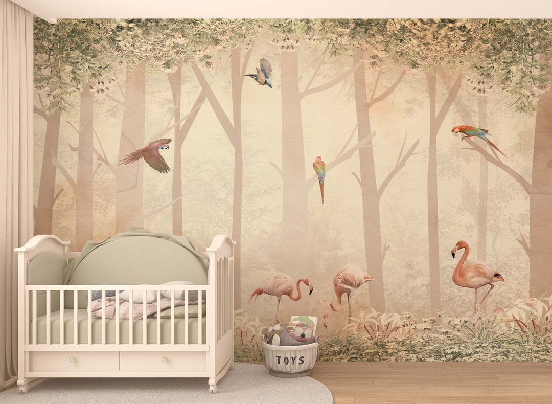 Tapet Personalizat Jungla Amazoniana cu padure, papagali si flamingo - BIRD'S FOREST NEST