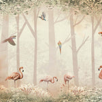 Tapet Personalizat Jungla Amazoniana cu padure, papagali si flamingo - BIRD'S FOREST NEST