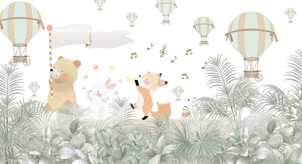 Tapet Personalizat Jungla Amazoniana cu animale cantand prin padurea tropcala si baloane cu aer cald pe cer - MUSICAL JUNGLE MARCH