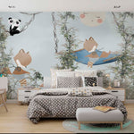Tapet Personalizat Jungla Amazoniana cu vulpi in vegetatie inalta si panda in liane  - SUNNY JUNGLE ANIMALS