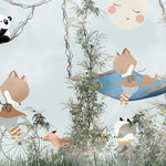Tapet Personalizat Jungla Amazoniana cu vulpi in vegetatie inalta si panda in liane  - SUNNY JUNGLE ANIMALS
