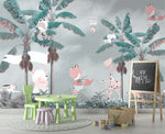Tapet Personalizat Jungla Amazoniana cu animale in palmieri verzi si cer innorat - HAPPY RAINY JUNGLE