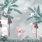 Tapet Personalizat Jungla Amazoniana cu animale in palmieri verzi si cer innorat - HAPPY RAINY JUNGLE