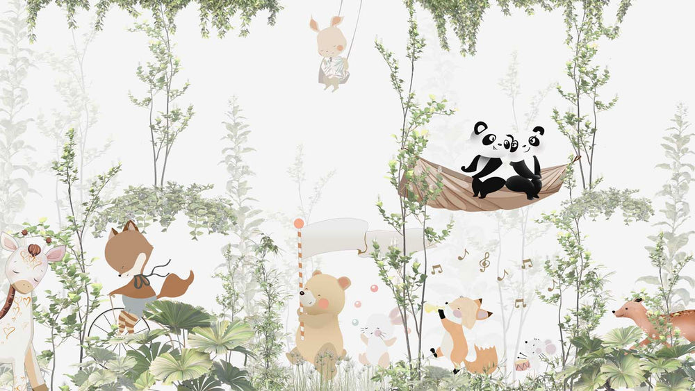 Tapet Personalizat Jungla Amazoniana cu vegetatie inalta si animale cantand - JUNGLE MUSICAL CONCERT