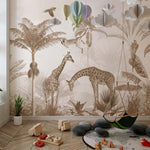 Tapet Personalizat Jungla Amazoniana cu girafe si pasari in jungla sepia - SEPIA REALIST JUNGLE