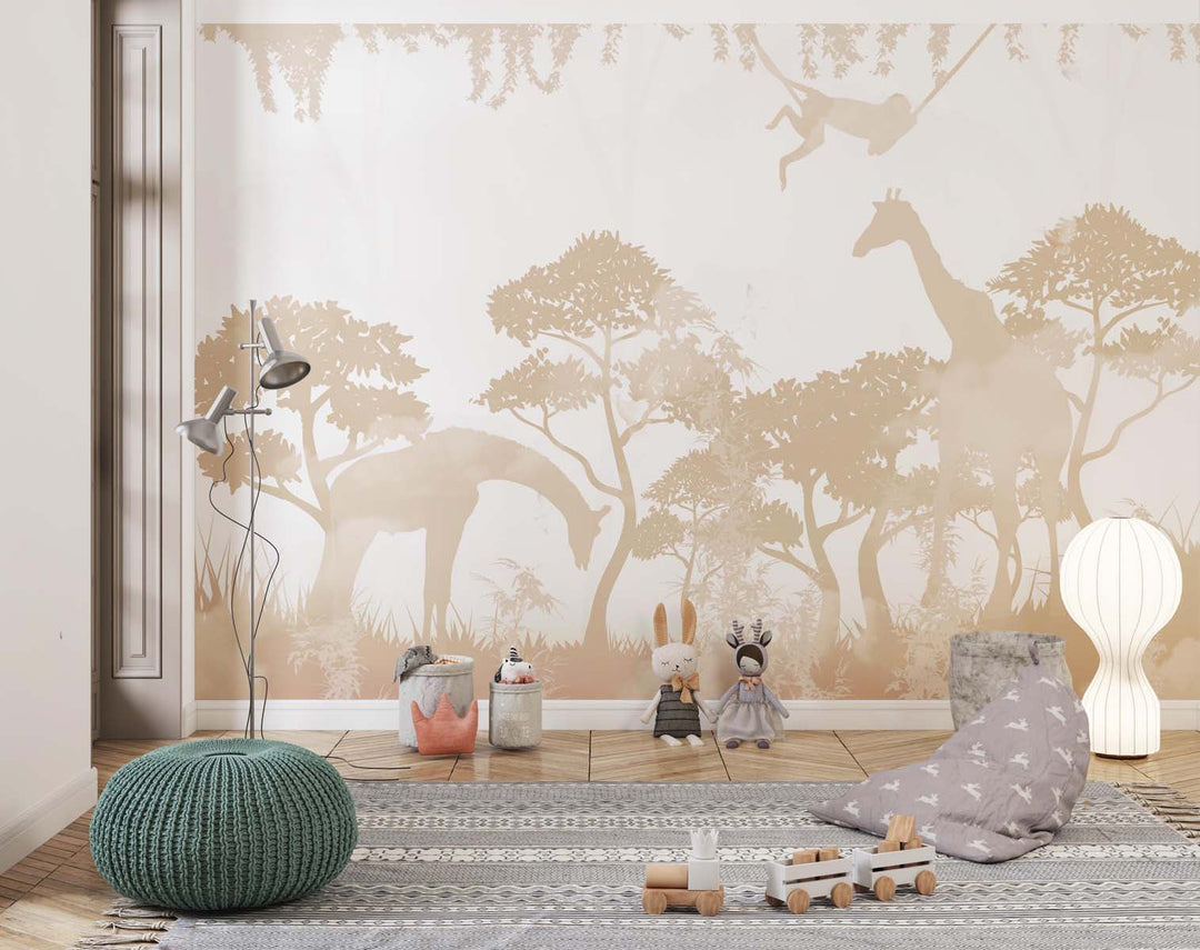 Tapet Personalizat Jungla Amazoniana cu siluete de girafe si maimute in nuante de maro cald - WATERCOLOR SEPIA JUNGLE