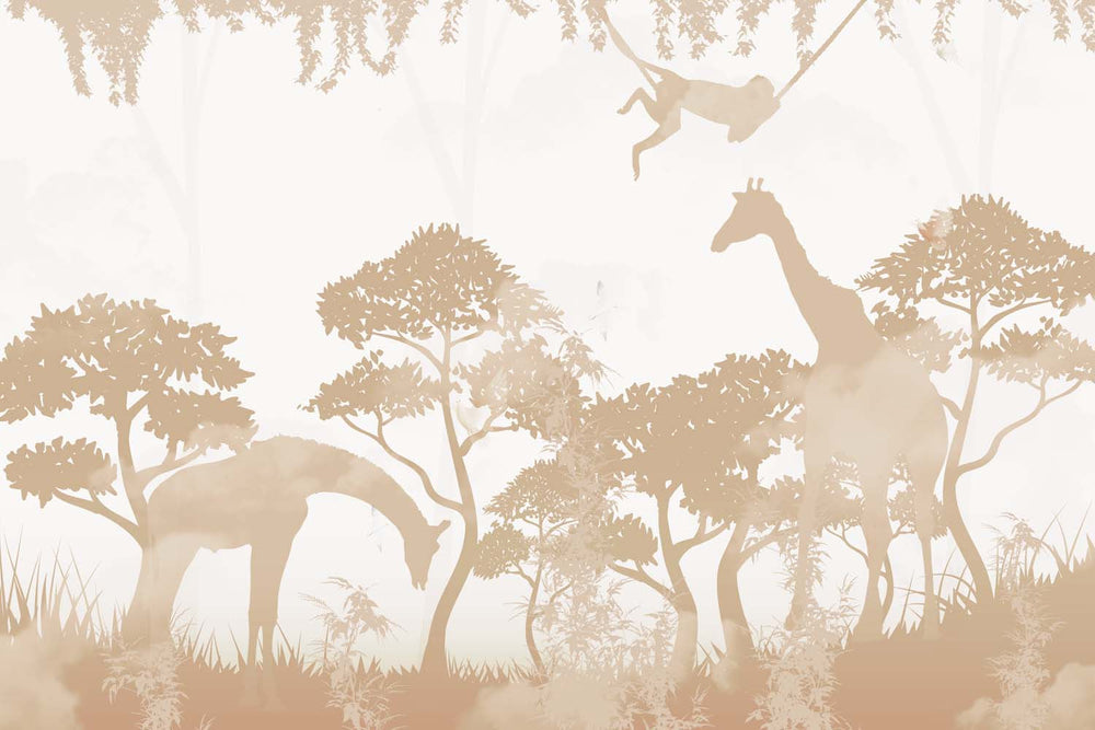 Tapet Personalizat Jungla Amazoniana cu siluete de girafe si maimute in nuante de maro cald - WATERCOLOR SEPIA JUNGLE