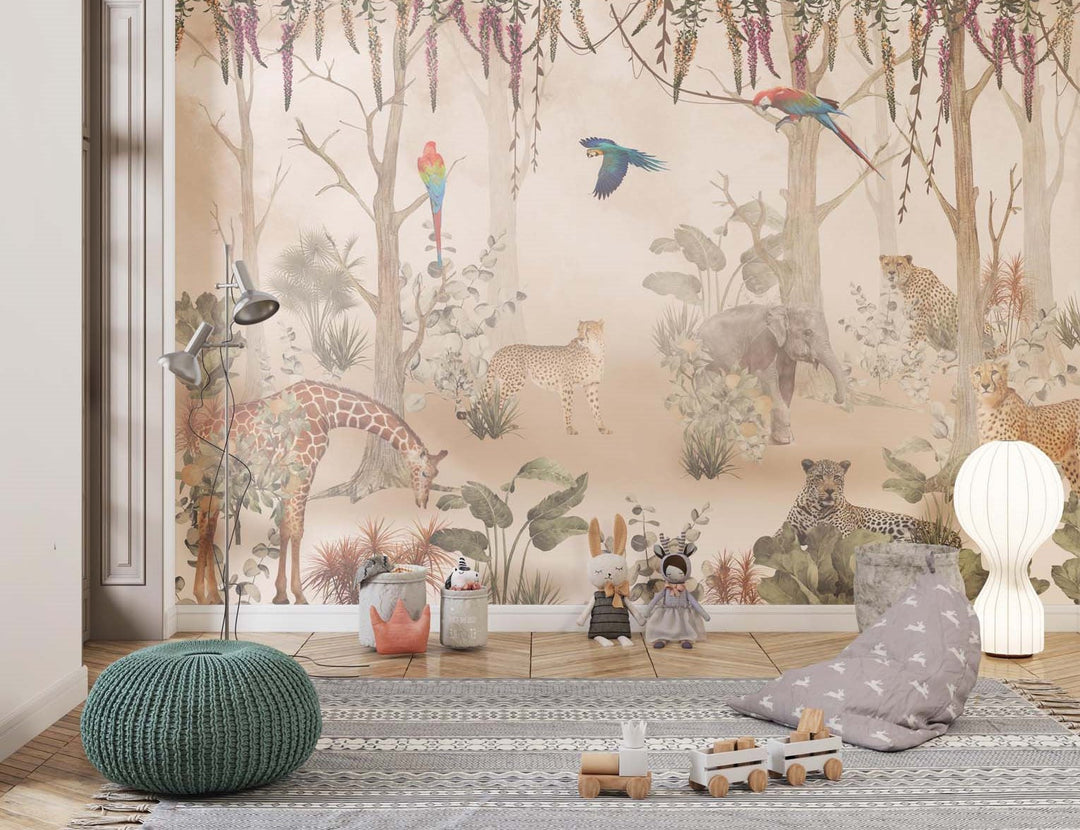 Tapet Personalizat Jungla Amazoniana cu padure amazoniana de leoparzi si papagali colorati  - DUSTY EXOTIC FOREST