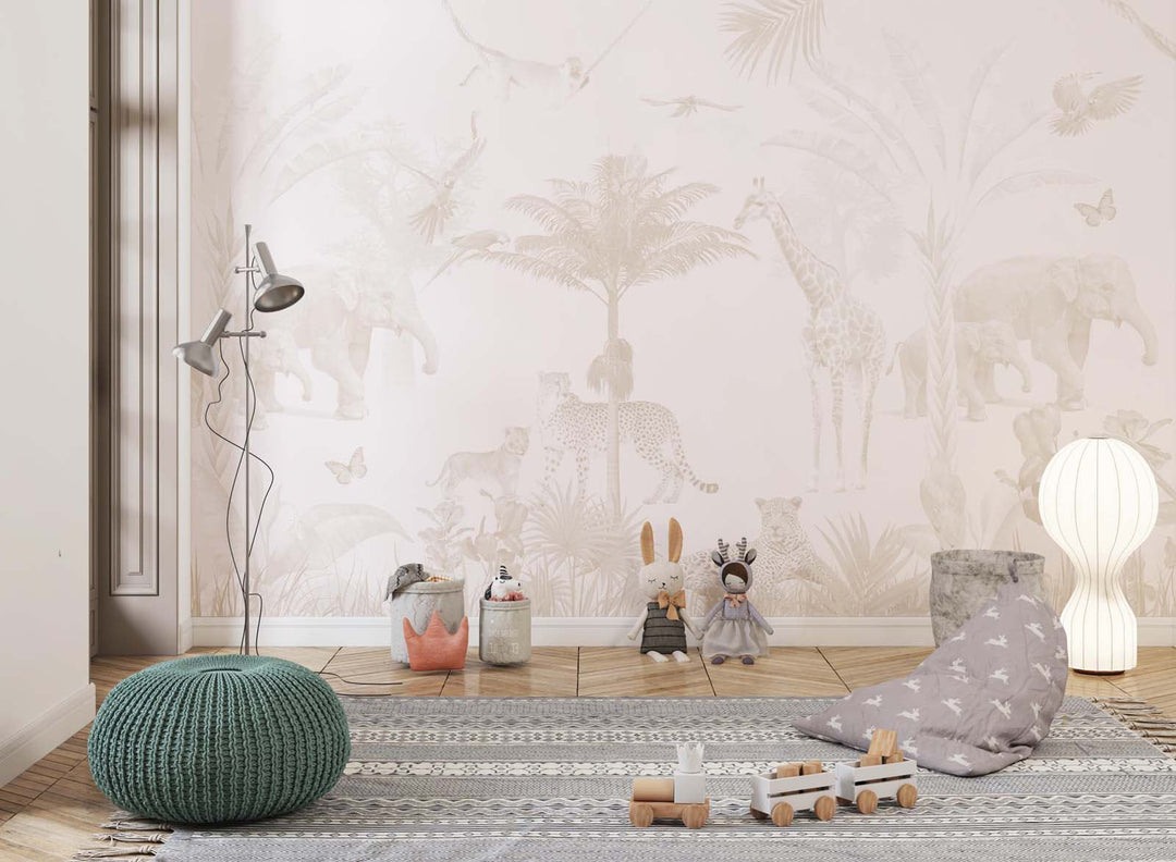 Tapet Personalizat Jungla Amazoniana cu peisaj tropical in nuante de bej estompat - FADED BEIGE JUNGLE