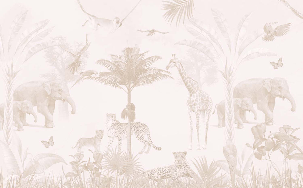 Tapet Personalizat Jungla Amazoniana cu peisaj tropical in nuante de bej estompat - FADED BEIGE JUNGLE