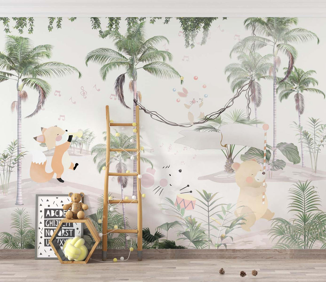 Tapet Personalizat Jungla Amazoniana cu animale care canta si jongleaza printre palmieri - MUSICAL PALMS