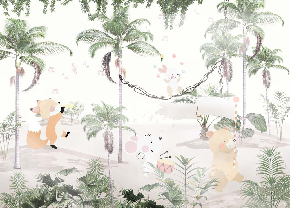 Tapet Personalizat Jungla Amazoniana cu animale care canta si jongleaza printre palmieri - MUSICAL PALMS