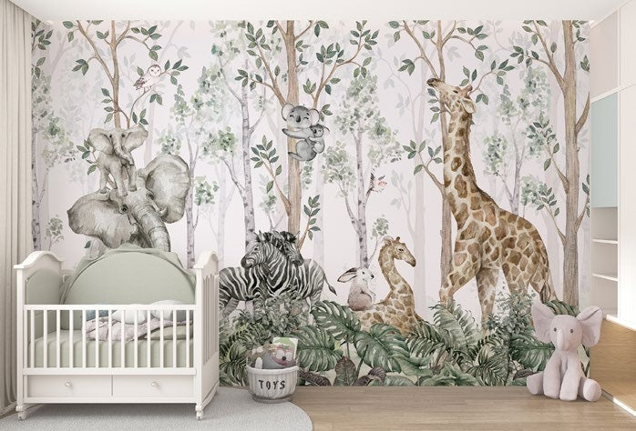 Tapet Personalizat Jungla Amazoniana cu elefanti, zebre, koala si girafe imbratisate - HUGGING ANIMALS