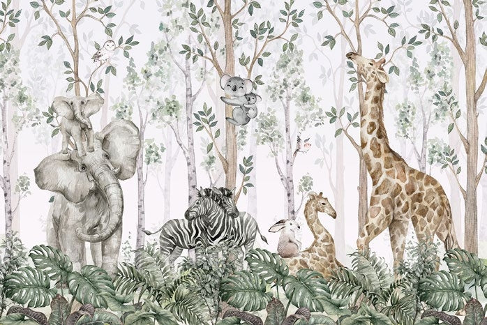 Tapet Personalizat Jungla Amazoniana cu elefanti, zebre, koala si girafe imbratisate - HUGGING ANIMALS