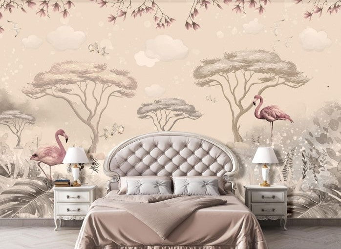 Tapet Personalizat Jungla Amazoniana cu flamingo si magnolii roz si copaci acacia - SAFARI FLAMINGOS