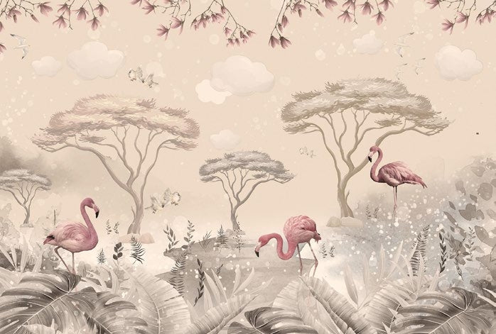 Tapet Personalizat Jungla Amazoniana cu flamingo si magnolii roz si copaci acacia - SAFARI FLAMINGOS