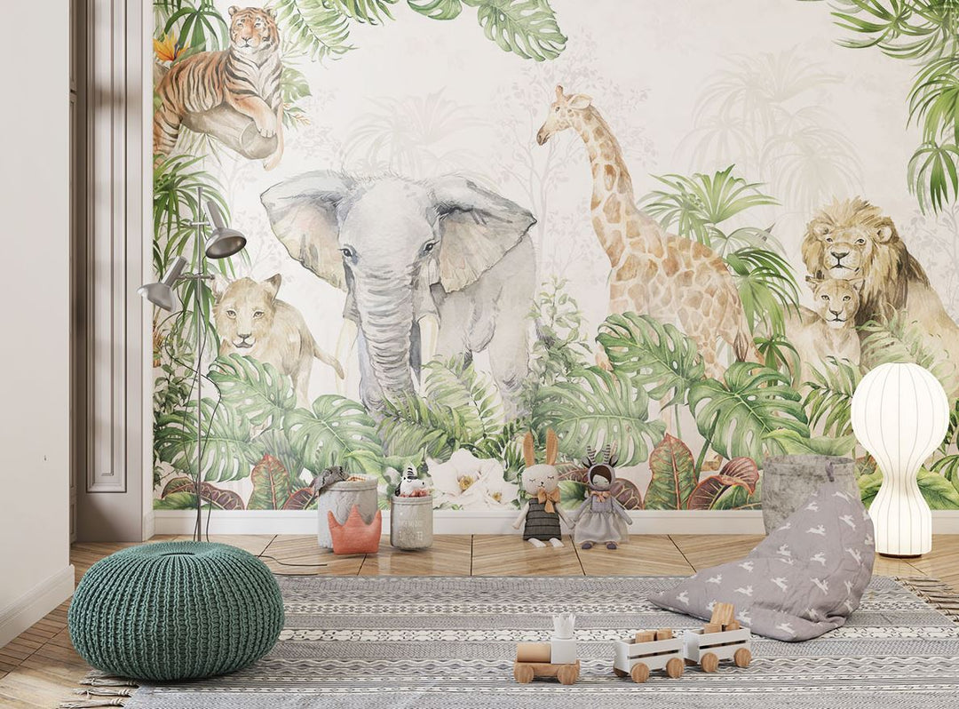 Tapet Personalizat Jungla Amazoniana cu ilustratie tropicala cu lei, leoparzi, elefanti si girafe in vegetatie densa - WATERCOLOR SAFARI ANIMALS