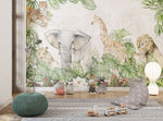 Tapet Personalizat Jungla Amazoniana cu ilustratie tropicala cu lei, leoparzi, elefanti si girafe in vegetatie densa - WATERCOLOR SAFARI ANIMALS