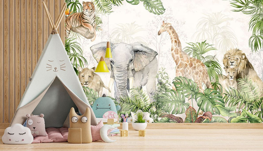 Tapet Personalizat Jungla Amazoniana cu ilustratie tropicala cu lei, leoparzi, elefanti si girafe in vegetatie densa - WATERCOLOR SAFARI ANIMALS