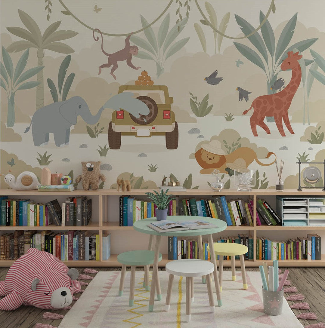 Tapet Personalizat Jungla Amazoniana cu ilustratie din jungla amazoniana cu animale si masina - SAFARI DRIVE