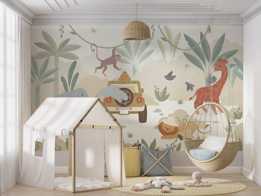 Tapet Personalizat Jungla Amazoniana cu ilustratie din jungla amazoniana cu animale si masina - SAFARI DRIVE