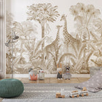 Tapet Personalizat Jungla Amazoniana cu girafe si vegetatie tropicala in nuante sepia - SEPIA GIRAFFE