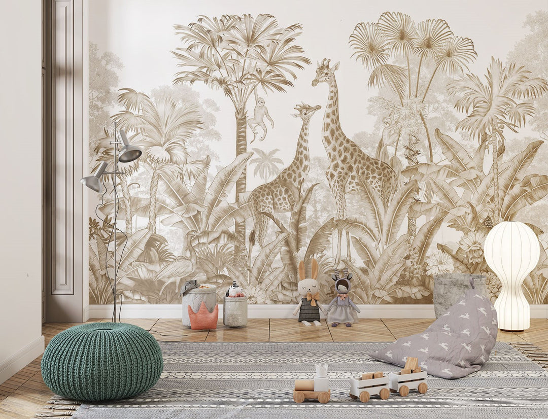Tapet Personalizat Jungla Amazoniana cu girafe si vegetatie tropicala in nuante sepia - SEPIA GIRAFFE