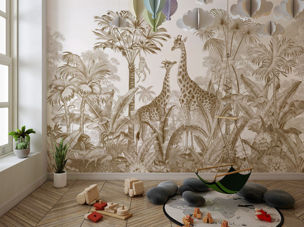 Tapet Personalizat Jungla Amazoniana cu girafe si vegetatie tropicala in nuante sepia - SEPIA GIRAFFE