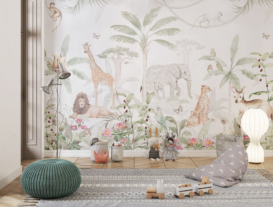 Tapet Personalizat Jungla Amazoniana cu padure tropicala inflorita si animale salbatice - WATERCOLOR EXOTIC ANIMALS