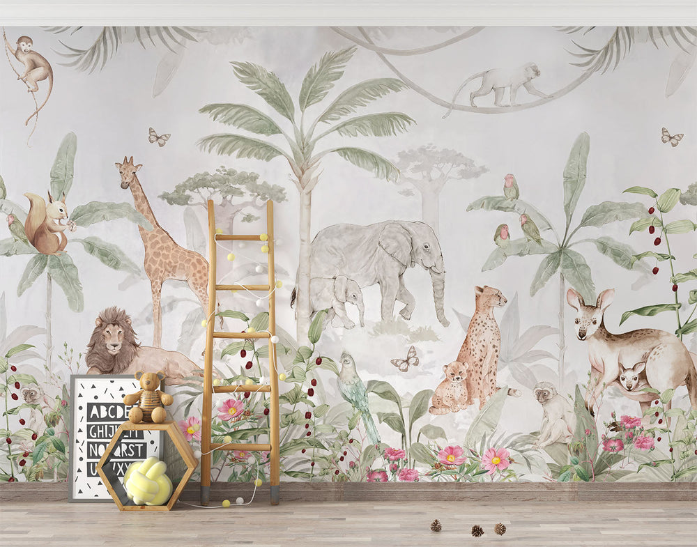 Tapet Personalizat Jungla Amazoniana cu padure tropicala inflorita si animale salbatice - WATERCOLOR EXOTIC ANIMALS