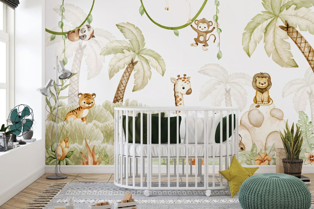 Tapet Personalizat Jungla Amazoniana cu pui de animalute in ilustratie watercolor in nuante calde - WATERCOLOR BABY ANIMALS