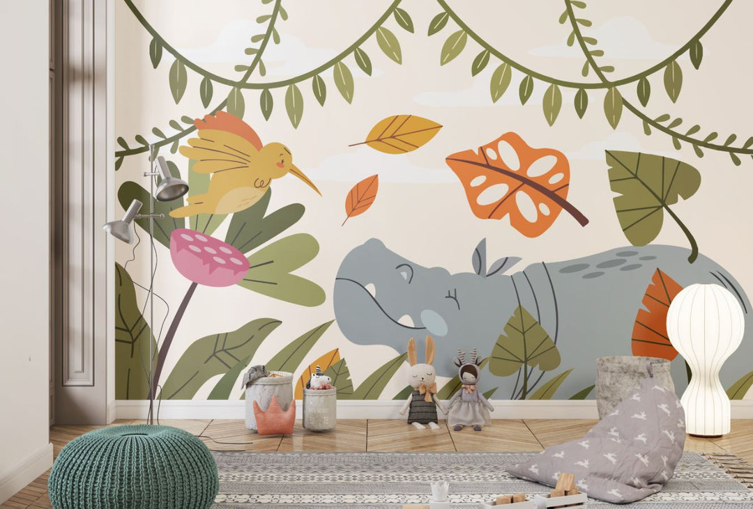 Tapet Personalizat Jungla Amazoniana cu ilustratie in stil boho colorata cu hipopotam si pasarea colibri  - BOHO ANIMALS