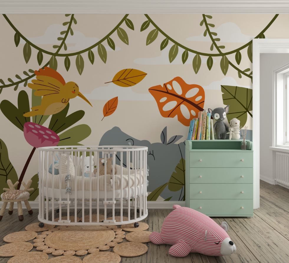 Tapet Personalizat Jungla Amazoniana cu ilustratie in stil boho colorata cu hipopotam si pasarea colibri  - BOHO ANIMALS