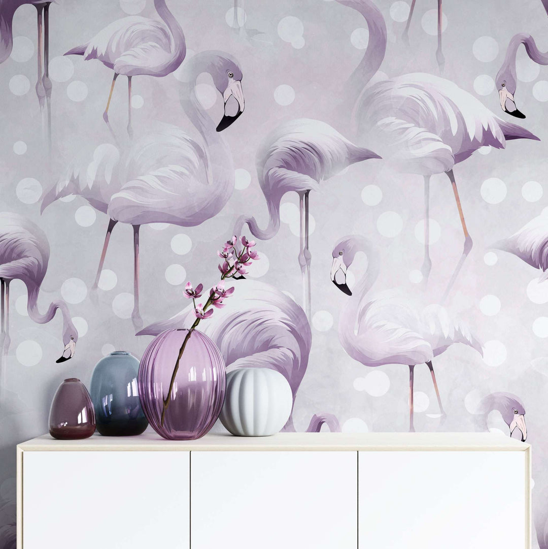 Tapet personalizat lumea animalelor pentru copii cu flamingo in nuante lila lavander flamingo
