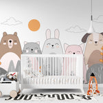 Tapet personalizat lumea animalelor pentru copii cu animale ilustrate ursi pisici iepuri si caini care zambesc happy animals