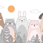 Tapet personalizat lumea animalelor pentru copii cu animale ilustrate ursi pisici iepuri si caini care zambesc happy animals