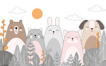 Tapet personalizat lumea animalelor pentru copii cu animale ilustrate ursi pisici iepuri si caini care zambesc happy animals