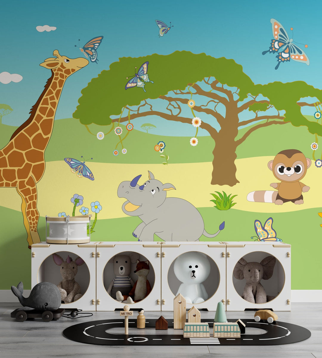 Tapet personalizat lumea animalelor pentru copii cu peisaj natural ilustrat girafe hipopotami maimute si fluturi colorati colorplay