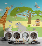 Tapet personalizat lumea animalelor pentru copii cu peisaj natural ilustrat girafe hipopotami maimute si fluturi colorati colorplay