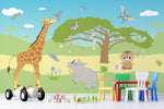 Tapet personalizat lumea animalelor pentru copii cu peisaj natural ilustrat girafe hipopotami maimute si fluturi colorati colorplay