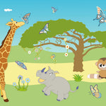Tapet personalizat lumea animalelor pentru copii cu peisaj natural ilustrat girafe hipopotami maimute si fluturi colorati colorplay