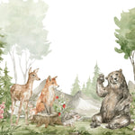 Tapet personalizat lumea animalelor pentru copii cu vulpe caprioara urs si arici in padure la munte greeting animals