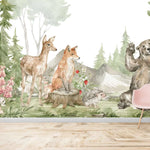 Tapet personalizat lumea animalelor pentru copii cu vulpe caprioara urs si arici in padure la munte greeting animals