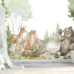 Tapet personalizat lumea animalelor pentru copii cu vulpe caprioara urs si arici in padure la munte greeting animals
